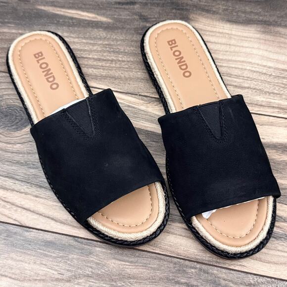 NIB Blondo 8.5M Waterproof Emilia Black Nubuck Slide Flat Sandals Jute Trim - Picture 2 of 12
